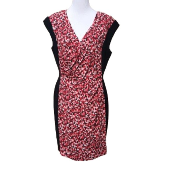 Escada Red Abstract Floral Print Sheath Dress Black Side Panels V-Neck - Picture 1 of 12